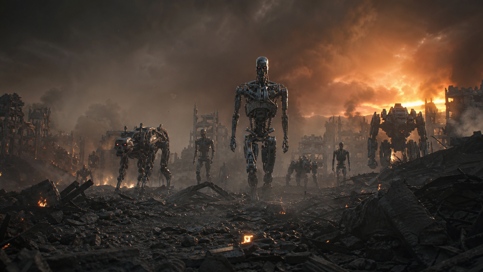 Ash battlefield: chrome machine silhouettes advancing through a dark, ruined landscape.