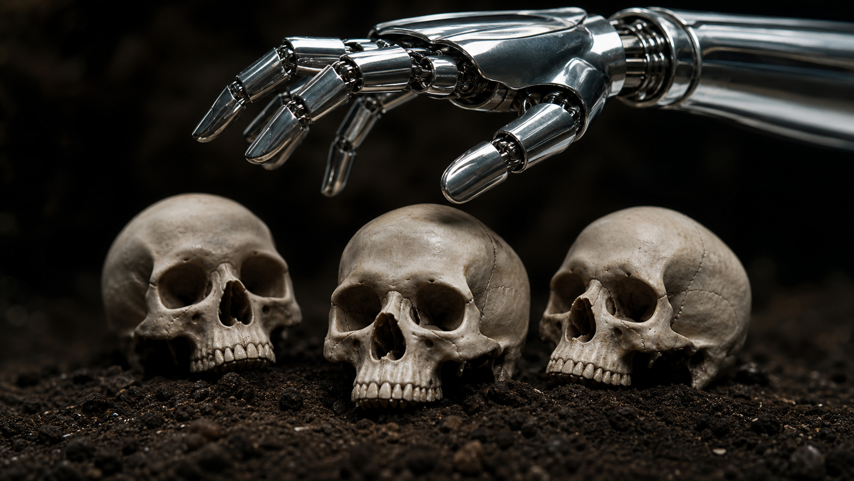 Machine hand over skulls: a non-gory emblem of automated power.