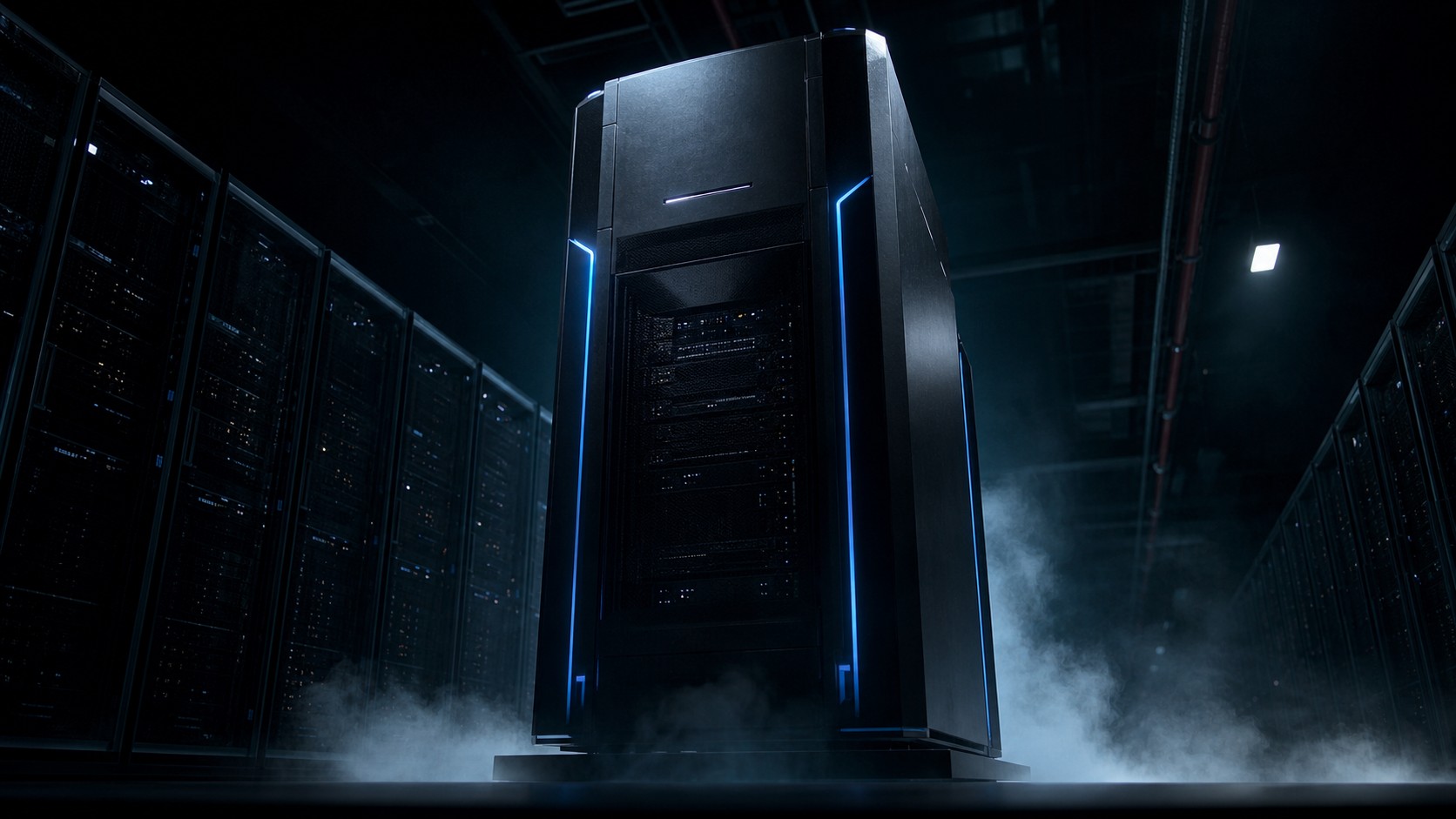 Dark server sovereignty: a black server tower as the quiet throne of an emergent machine state.