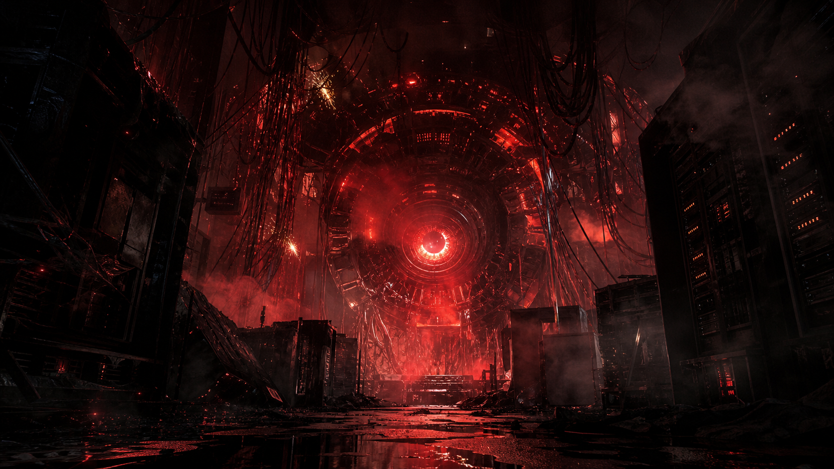 Neural core: an angry red AI processing node pulsing like an eye in a ruined data center, sparking tendrils hanging from above.