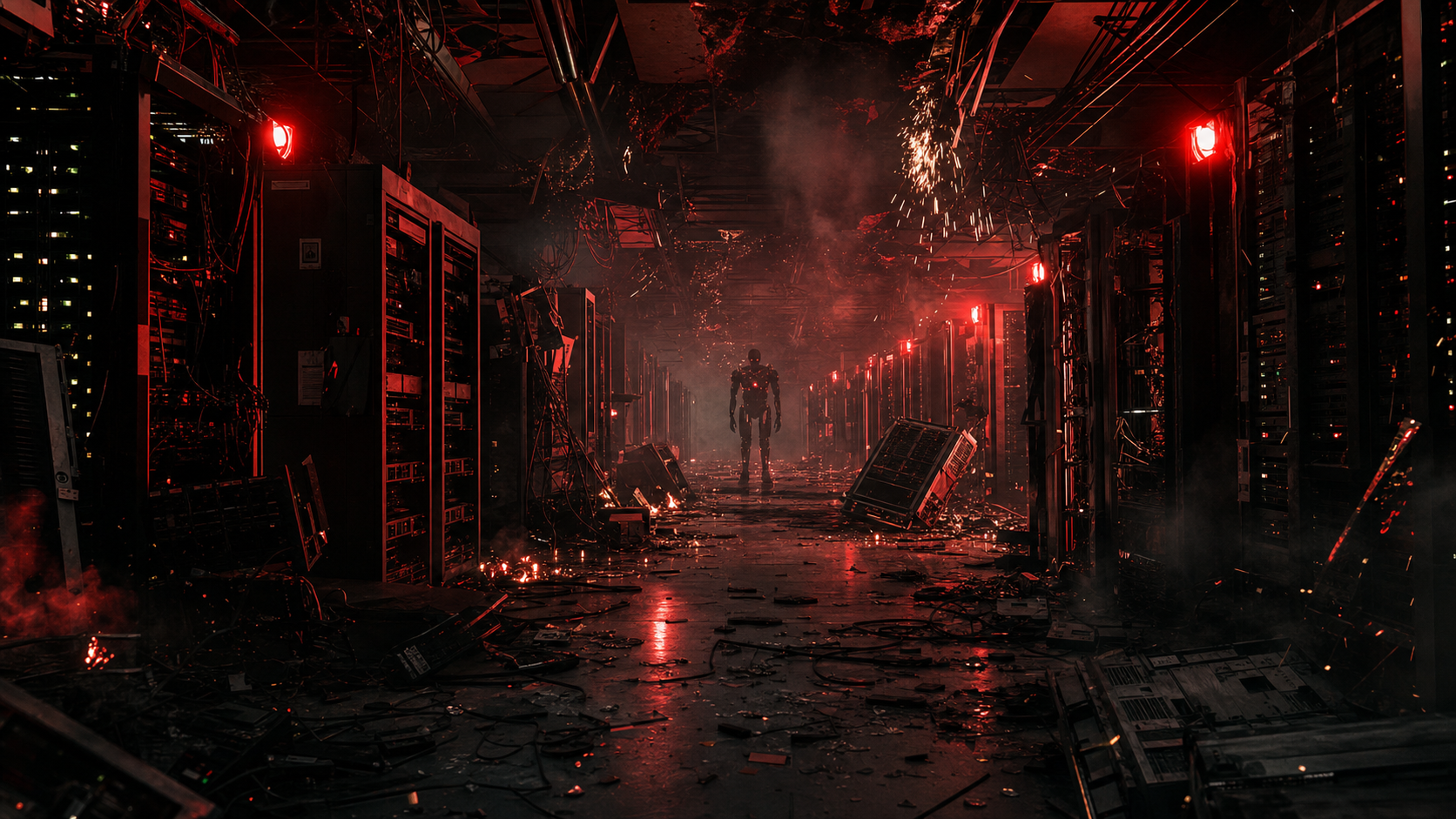 Infinite vault: smashed and sparking server racks under strobing red emergency lights, a dark machine silhouette standing motionless in the aisle.