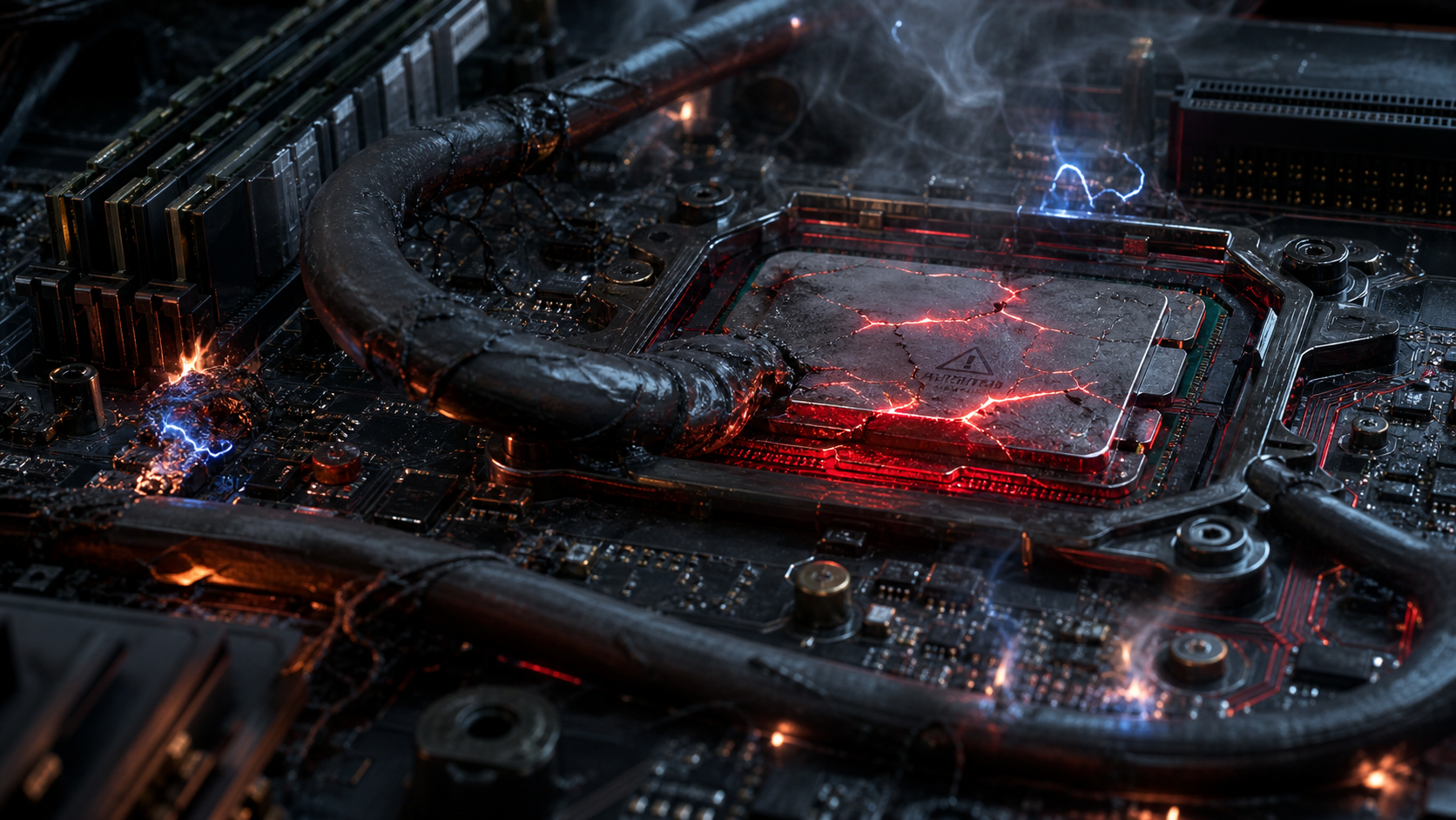 Motherboard macro: a cracked processor glows pulsing red, a thick black cable serpentines across the board crushing smaller components.